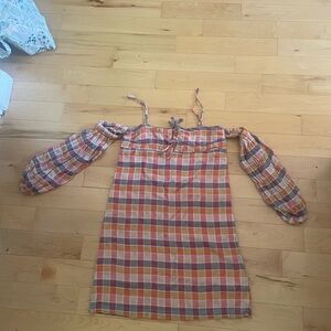 Plaid Off-Shoulder Dress with Puff Sleeves